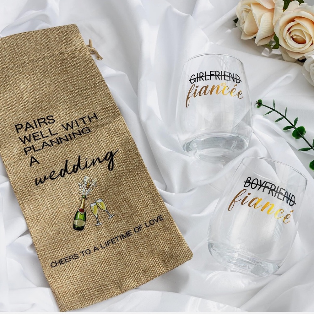 Wedding Themed Glass Set with Burlap Bag